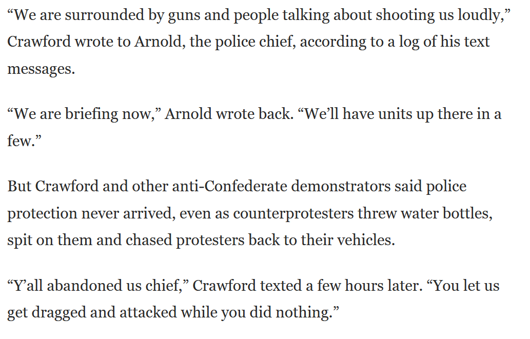 This same story from  @washingtonpost notes that police in Weatherford Texas were very late and ineffective at stopping violence from heavily armed right wing groups. But I don't think that anyone is saying officials in Weatherford (which is hardly a "blue city") are soft on crime
