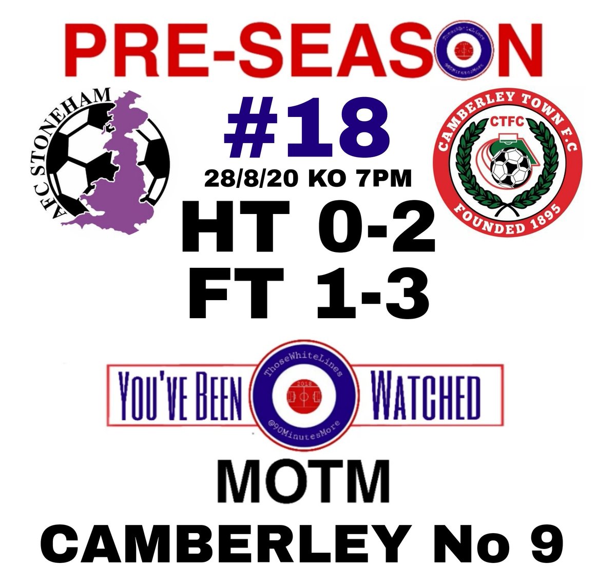 Ft 
<a href="/afc_stoneham/">AFC Stoneham</a> U18's 1-3 <a href="/CamberleyTownFC/">Camberley Town</a> U18's. The travelling team were that bit sharper ,more comfortable on the ball and more clinical in front of goal especially there number 9. <a href="/afc_stoneham/">AFC Stoneham</a> improved in the 2nd half 
MOTM CAMBERLEY No 9