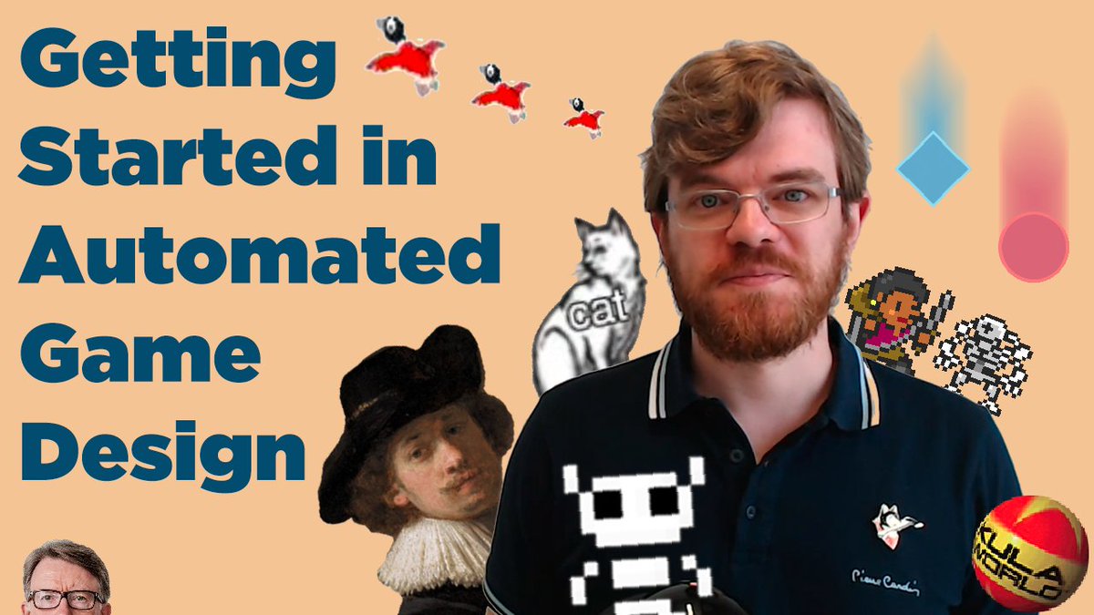 The text 'Getting Started in Automated Game Design' next to a picture of me, surrounded by various characters from research projects, as well as a painting of Rembrandt and UK politician Peter Mandelson poking his head over the corner of the image.