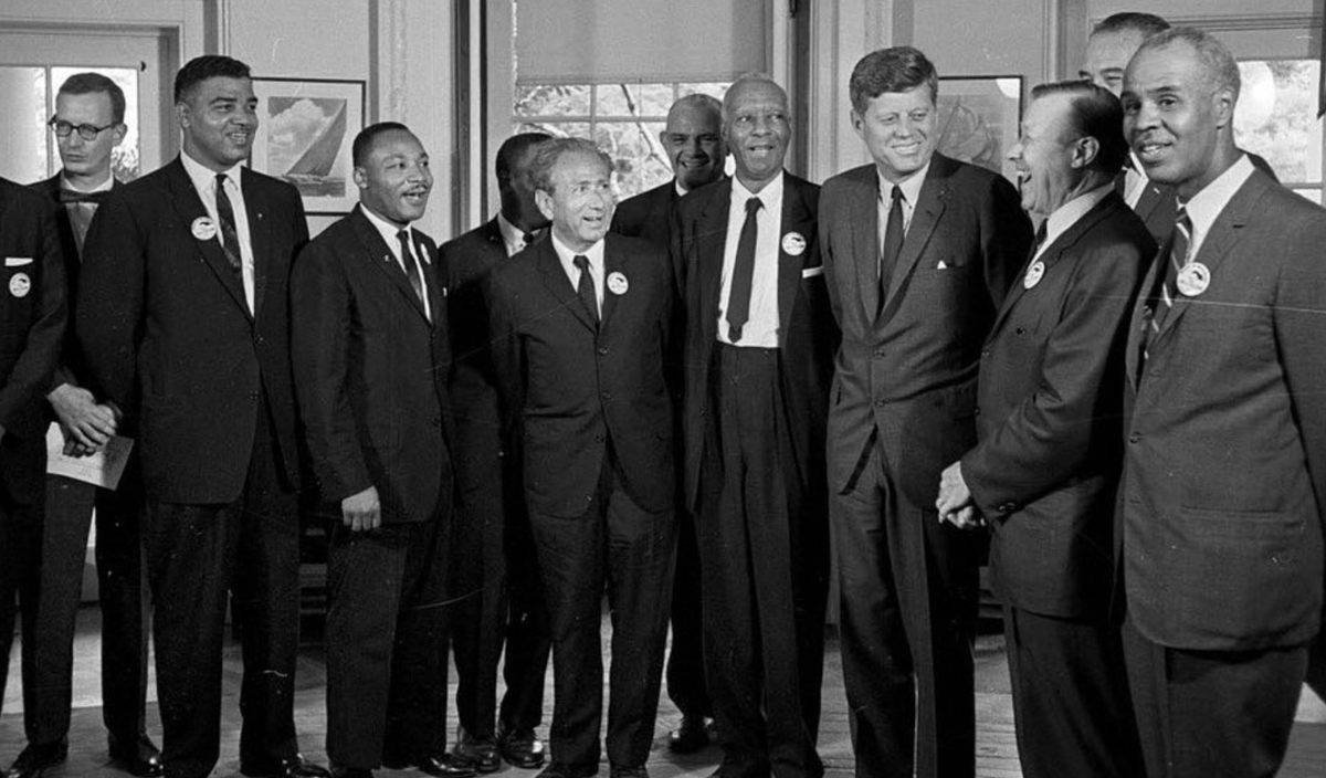 A photo of President Kennedy in the Oval Office meeting with March on Washington organizers on August 28, 1963.