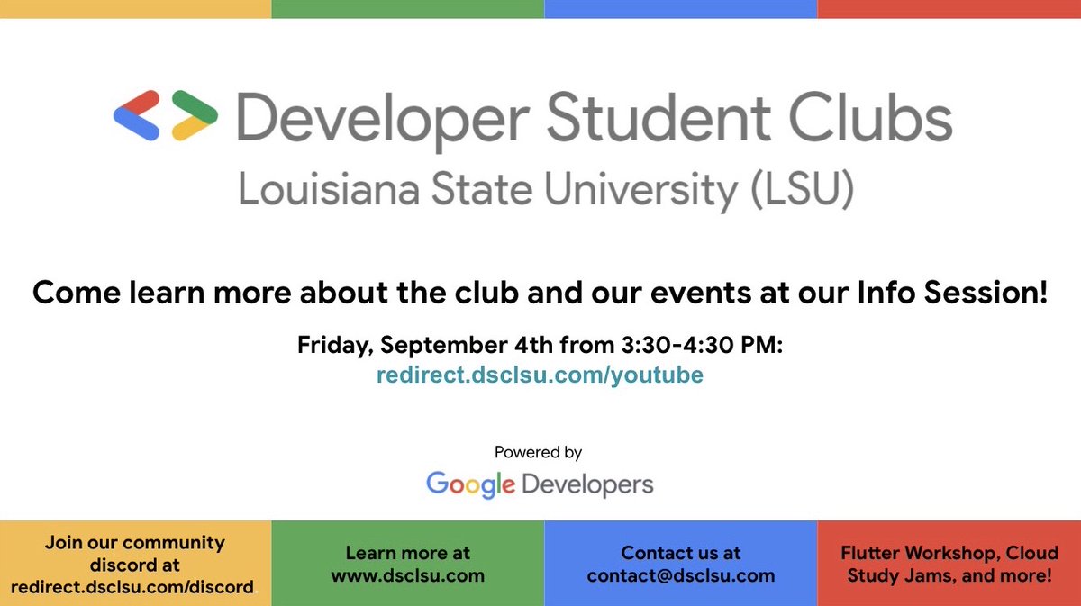 dsc_lsu's tweet photo. ⁣⁣⁣⁣⁣⁣Hop on to our YouTube stream on Friday, September 4th from 3:30-4:30 PM to learn about DSC at LSU and what events we have in store for the upcoming year:
https://t.co/5mcIeyakNj⁣⁣⁣⁣⁣
⁣⁣
Join our community discord:
https://t.co/9KAw3vblJG   https://t.co/wHkKGbU12B