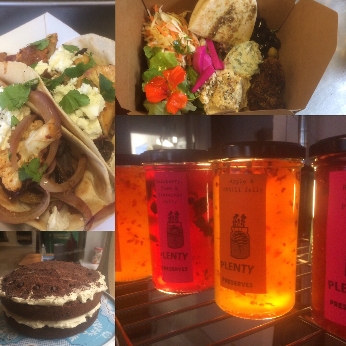 Friday at plenty .......just some of our offerings from today chipotle-lime cauliflower tacos,  cappuccino cake, jars of home-made apple jellies, mezze boxes. Same again tomorrow 10.30am til 3.30pm plus even more cakes....still takeaway only at the moment