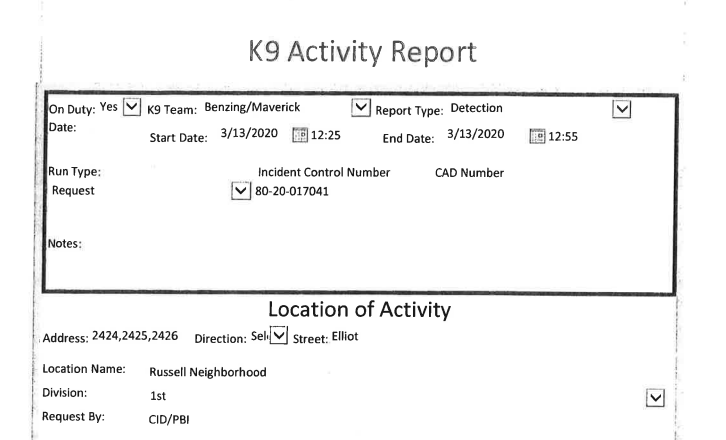 Police documents & statements have indicated that police hit BOTH Breonna Taylor's apartment and Jamarcus Glover's alleged trap house at 12:40 a.m.But a K-9 search form shows Maverick + handler started at 2424 Elliott at 12:25 a.m.SOP advises civilians be removed pre-search.