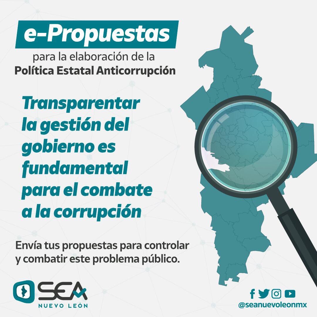 seanuevoleonmx's tweet photo. #ePropuestas | La falta de transparencia facilita la corrupción y limita la participación de la sociedad en asuntos públicos.

📝Te invitamos a compartir propuestas para el control y combate de la corrupción, ingresa al siguiente enlace:

🌐https://t.co/khlhecBEtA https://t.co/HGsQiFMpTA