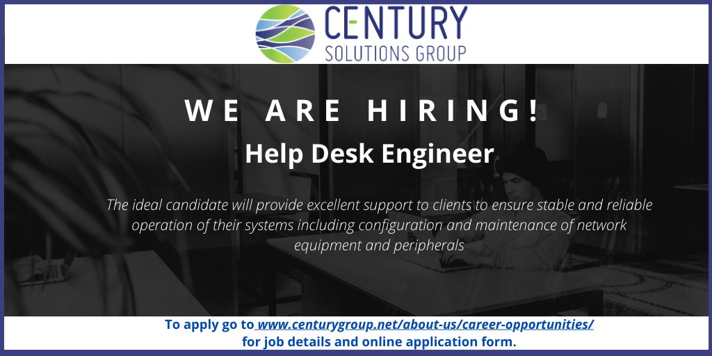 CenturyGroupIT's tweet photo. We are hiring at Century Solutions Group.
Go to -->> https://t.co/vQLm6MMUXv for job details and online application form. #ITjobs #ITCareers #TyroneJobs #AtlantaJobs #HelpDeskEngineer https://t.co/QDF6eizoc8