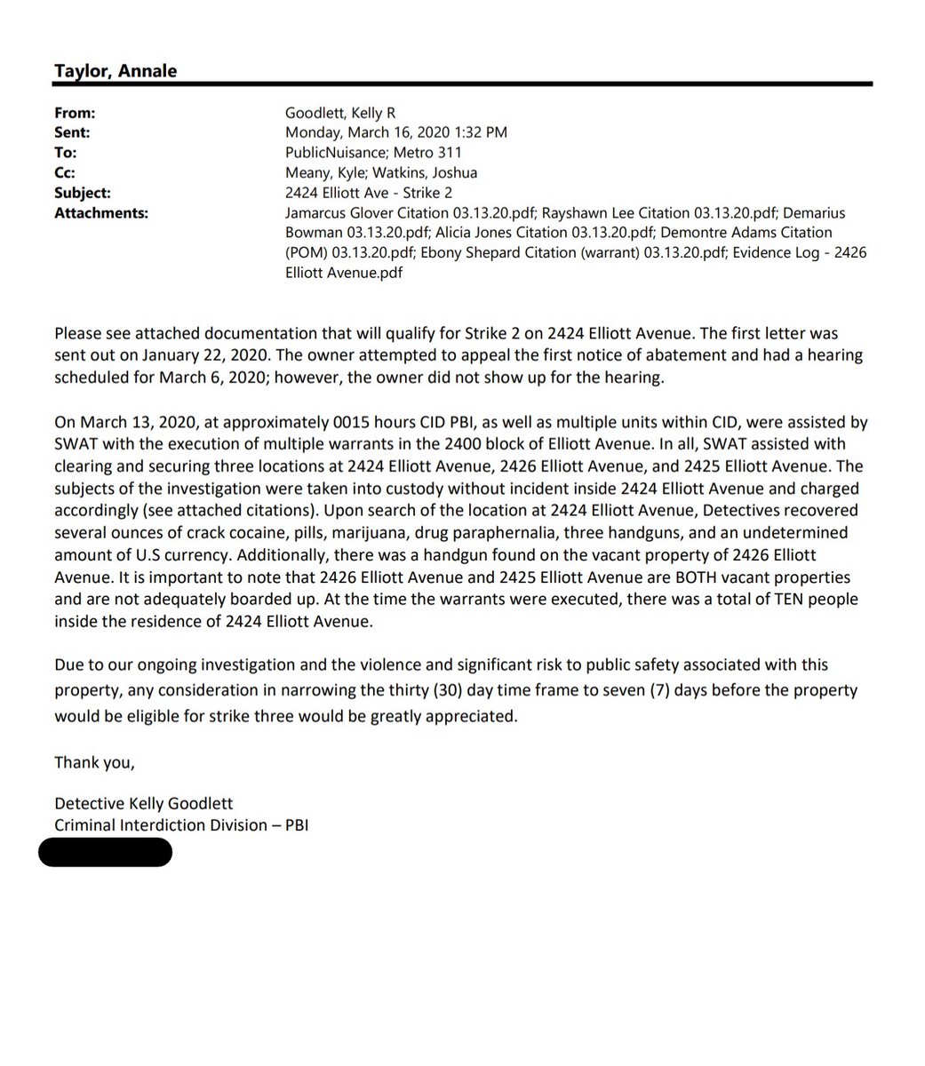 Additionally, an email from an officer on scene that night directly contradicts other documents listing the search time — including one she wrote herself. Detective K. Goodlett wrote in an email that the Elliott Avenue warrants were carried out at "approximately 0015 hours."