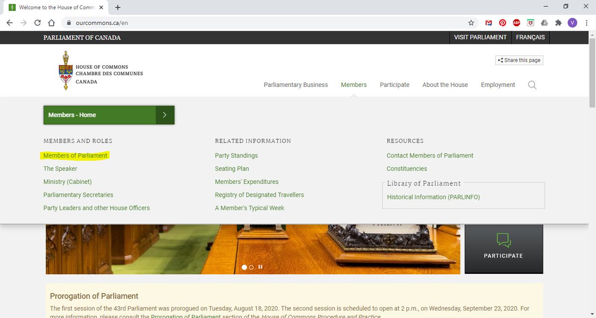 Step 3: Under the tab "Members", click on "Members of Parliament".  #JustinTrudeau,  #JagmeetSingh,  #Erinotoole  #YvesBlanchet