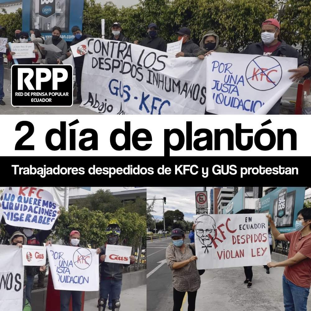 rpp_ec's tweet photo. [Lucha popular] TRABAJADORES DEL SINDICATO DE KFC Y GUS PROTESTAN POR DESPIDOS

Int Food Services, monopolio de la comida rápida en Ecuador, despidió bajo el artículo 169, numeral 6, a los trabajadores que organizaron un sindicato para defenderse de los abusos y maltratos. https://t.co/SHyvyArgdW