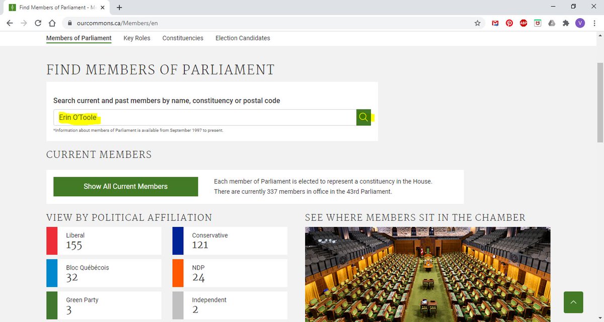 Step 4: Begin typing the name of the MP you want to learn about. As you do, their profile might pop up on its own. If it doesn't, click the search button to visit their profile. For this example, I chose  #erinotoole