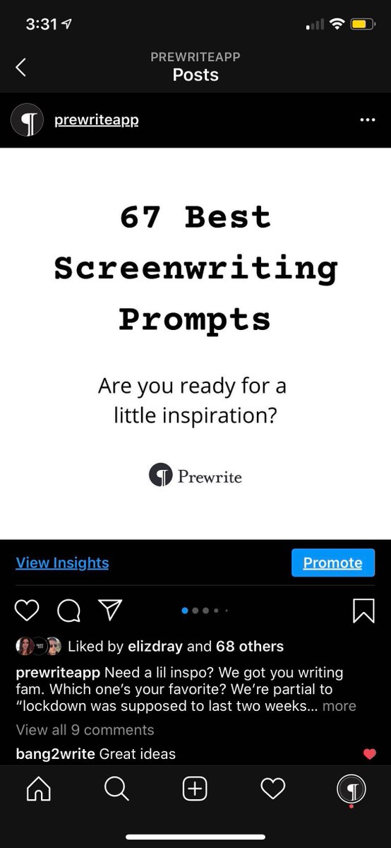 IG we posted a carousel of writing promptsHad ~50 followers at the timeYet we reached 763 accounts, most of which didn& #39;t follow us.4 people sent to other users56(!) saved itSo despite a small following, we maximized impact.