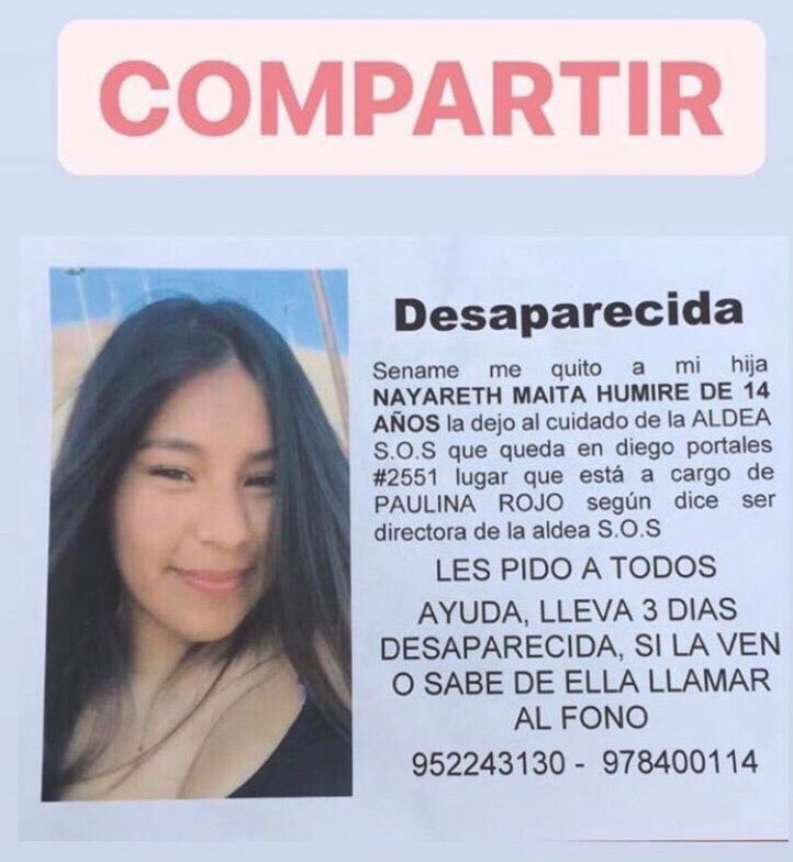 MujeresRed's tweet photo. Nayareth Maita Humire tiene 14 años y está desaparecida desde el fin de semana pasado. Estaba al cuidado de Aldea SOS Chile en Arica. @PDI_CHILE @FiscaliadeChile https://t.co/MGT9FiBbAX