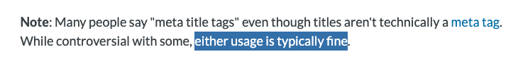 CyrusShepard's tweet photo. Instead of arguing in on Twitter as to which usage is "acceptable" ...

1) Title Tag
2) *Meta* Title Tag

... I simply updated Moz's #1 ranking page on <title> tags. Hopefully this settles it 😋

https://t.co/NFFNu7o3yv https://t.co/OrHapJyXnF