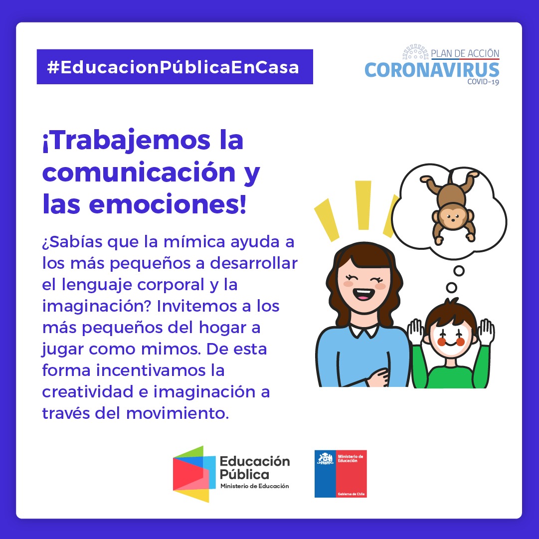 EduPublicaCL's tweet photo. Trabajar las comunicaciones y las emociones en nuestros niños y niñas👦👧 son muy importantes. Con simples juegos puedes desarrollar la imaginación y el lenguaje corporal. #EducaciónPúblicaEnCasa https://t.co/pzIVkfeqQR