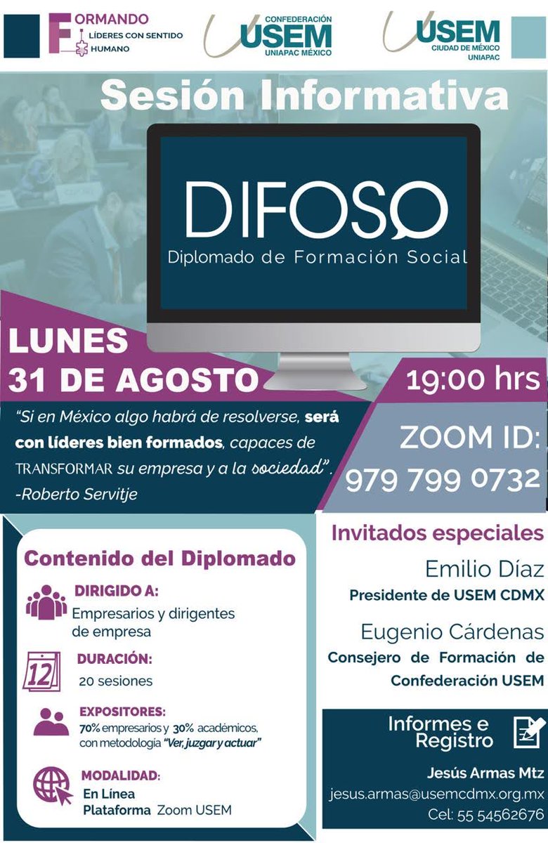 USEM_QUERETARO's tweet photo. La nueva realidad exige una visión actualizada y con sentido humano para el quehacer empresarial.
Te invitamos a ser parte de nuestro Diplomado en Formación Social , participa en la reunión informativa este lunes 31 de agosto a las 19:00 hrs.
#SomosUSEM #RetoUSEM #USEM https://t.co/C7FRn3FdjQ