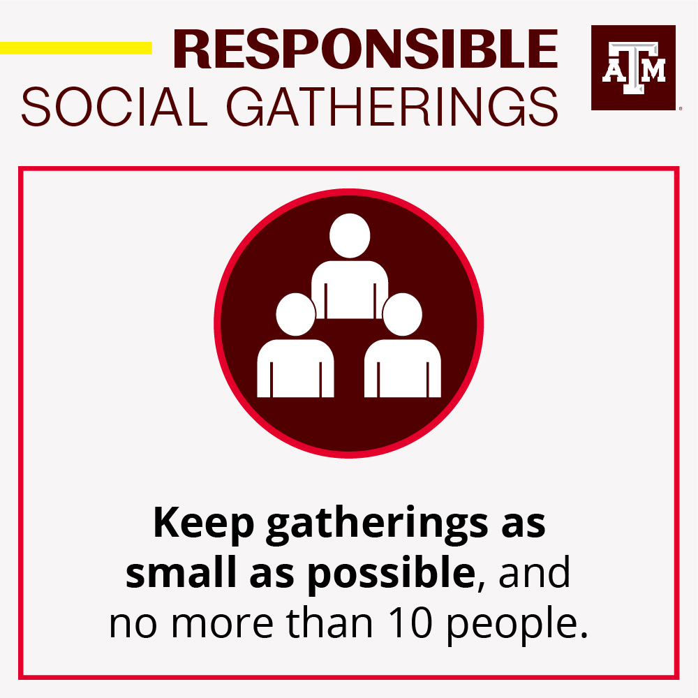 Keep social gatherings as small as possible and no more than 10 people.  @TAMU  @TAMUDSA 2/