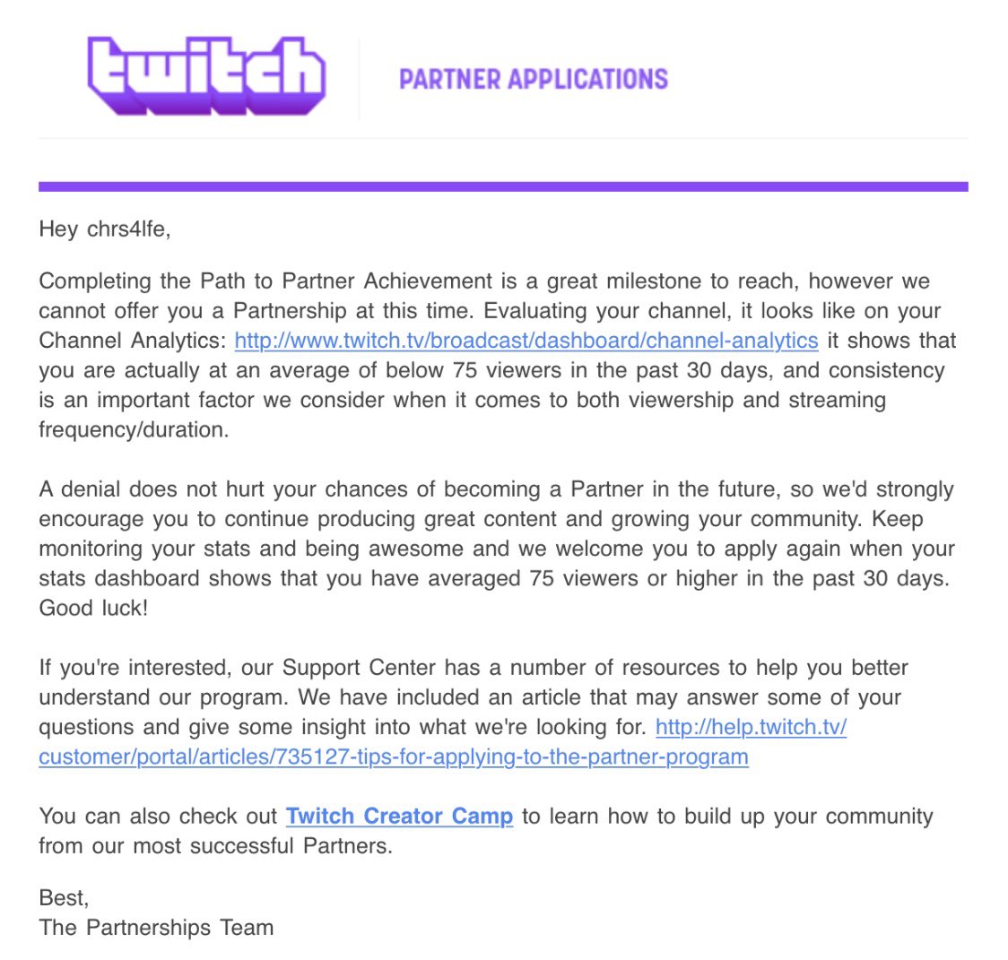 CHRS4LFE's tweet image. I applied for Twitch Partner over a month ago when I had a steady average of 100+ viewers playing ITG. I decided to stream SDVX a few times this last month which has a smaller twitch presence and my 30-day average became 58 which led me to be denied from the program. (1/2)