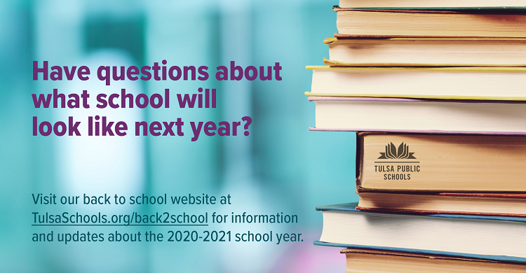 TulsaSchools's tweet photo. ❓ Have questions about what school will look like? 
➡️Visit our back to school website at https://t.co/Sl89kxt5vK for information and updates about the 2020-2021 school year! We will continue to update this page with the latest information. https://t.co/hZjMuGU5tp
