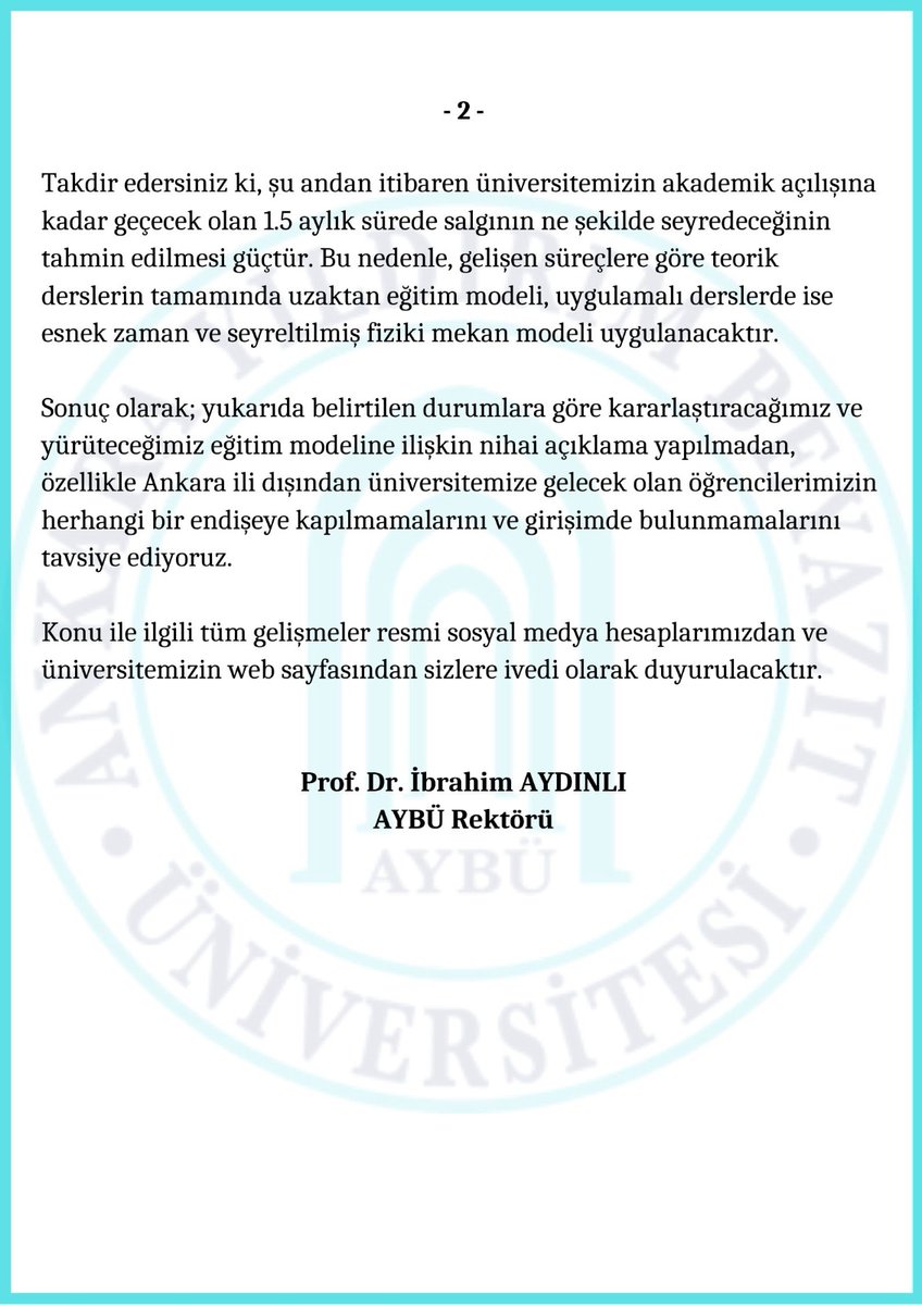 ACİL VE ÖNEMLİ 1

Üniversitemizin, 2020-2021 Eğitim Öğretim Yılı Güz Döneminde yürüteceği eğitim öğretim sürecine ilişkin duyurularımızın ilki siz kıymetli öğrencilerimize duyurulur.
<a href="/profdriaydinli/">Prof.Dr.İbrahim AYDINLI</a> <a href="/mtgundogan/">Prof. Dr. Mete GÜNDOĞAN</a> <a href="/okumussaid/">Sait Okumuş</a> <a href="/ybunikonsey/">AYBÜ Öğrenci Konseyi</a> #ÜniversitemAYBÜ