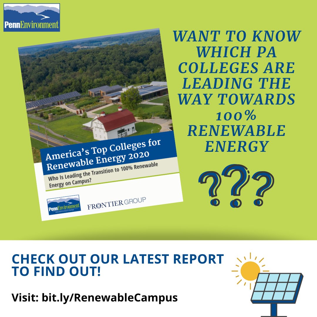 PennEnvironment's tweet image. .@alleghenycol receives 100% of their electricity from renewable sources! Thanks for leading the way toward a 100% renewable energy future. For more info on clean energy campuses, check out our latest report: bit.ly/RenewableCampus
