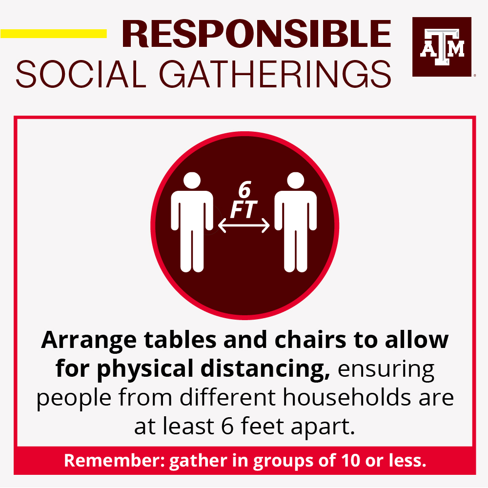 Arrange tables and chairs to allow for adequate physical distancing and ensure people from different households are at least 6 feet apart.  @TAMU  @TAMUDSA 7/