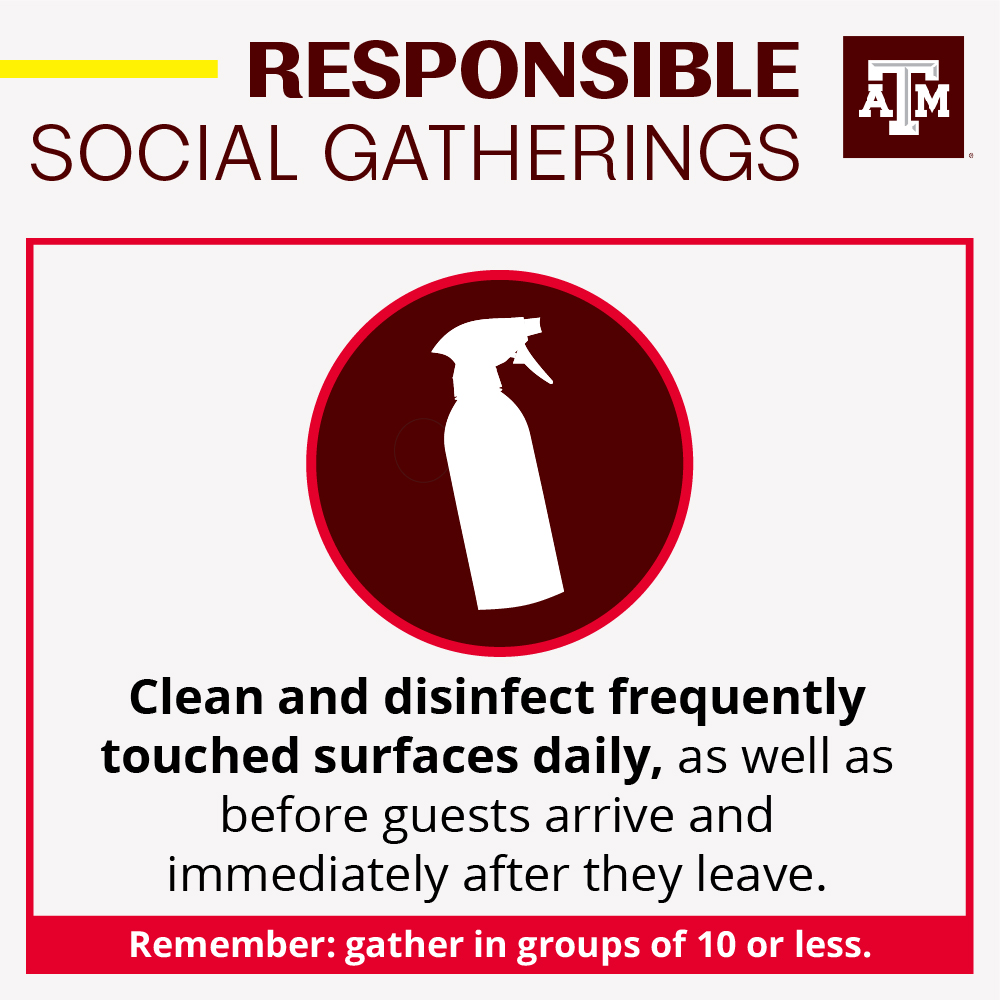 Be sure to clean and disinfect frequently touched surfaces, (such as counters, doorknobs and furniture) daily, as well as before your guests arrive and immediately after they leave.  @TAMU  @TAMUDSA 11/