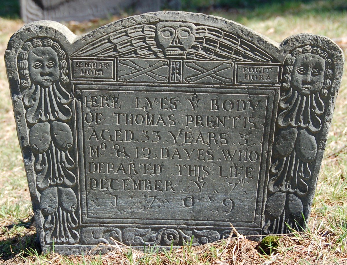 People *really* want those skulls to be uniquely Puritan but they just aren't. It fits with what we think about when we think "Puritan," but the material evidence is thin.Contrast that with gravestone boobs. Call them gourds if you must, but they're a common border motif.