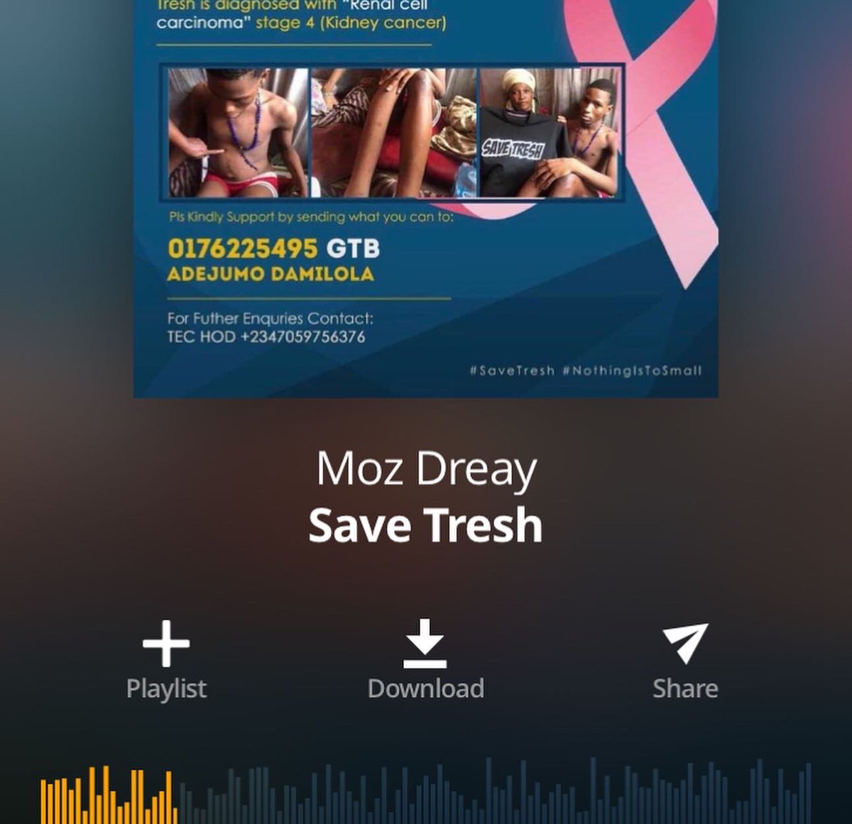 MozDreay's tweet photo. Awareness song for my friend Adejumo Damilola @mynameistresh who is battling against Renal Cancer stage 4..
Please good people listen and support. He needs 3million to live.

https://t.co/3zl0TRWZNN

#Instablog #Oblak #CongratulationsKiddwaya #Kendrick #NeoandVee #KiddErica https://t.co/ja2D6wAaTR