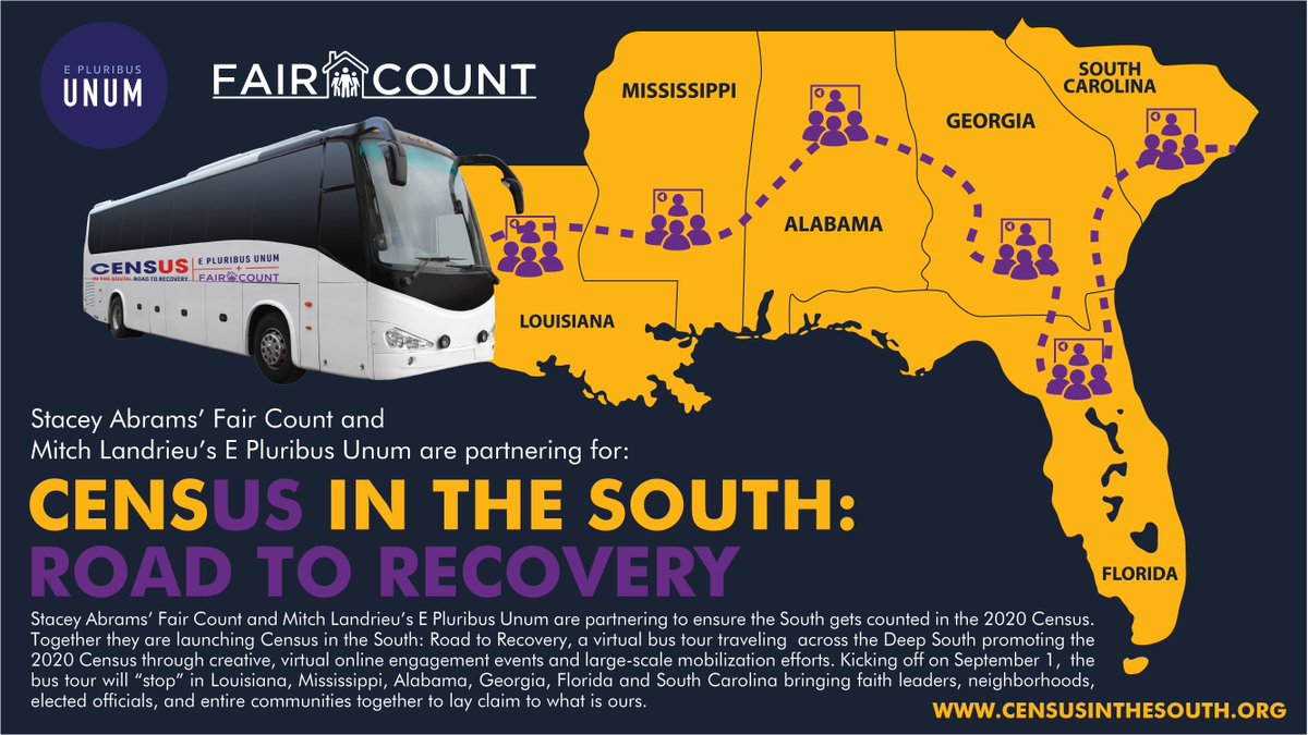 🗣Our democracy is at risk. We must take action✊🏿

<a href="/staceyabrams/">Stacey Abrams</a>'  Fair Count and <a href="/MitchLandrieu/">Mitch Landrieu</a>'s <a href="/unumfund/">E Pluribus Unum</a> are joining forces to fight to save the #2020Census w/ the 'Census in the South: Road to Recovery" virtual census bus tour❗ 

For more info go to censusinthesouth.org