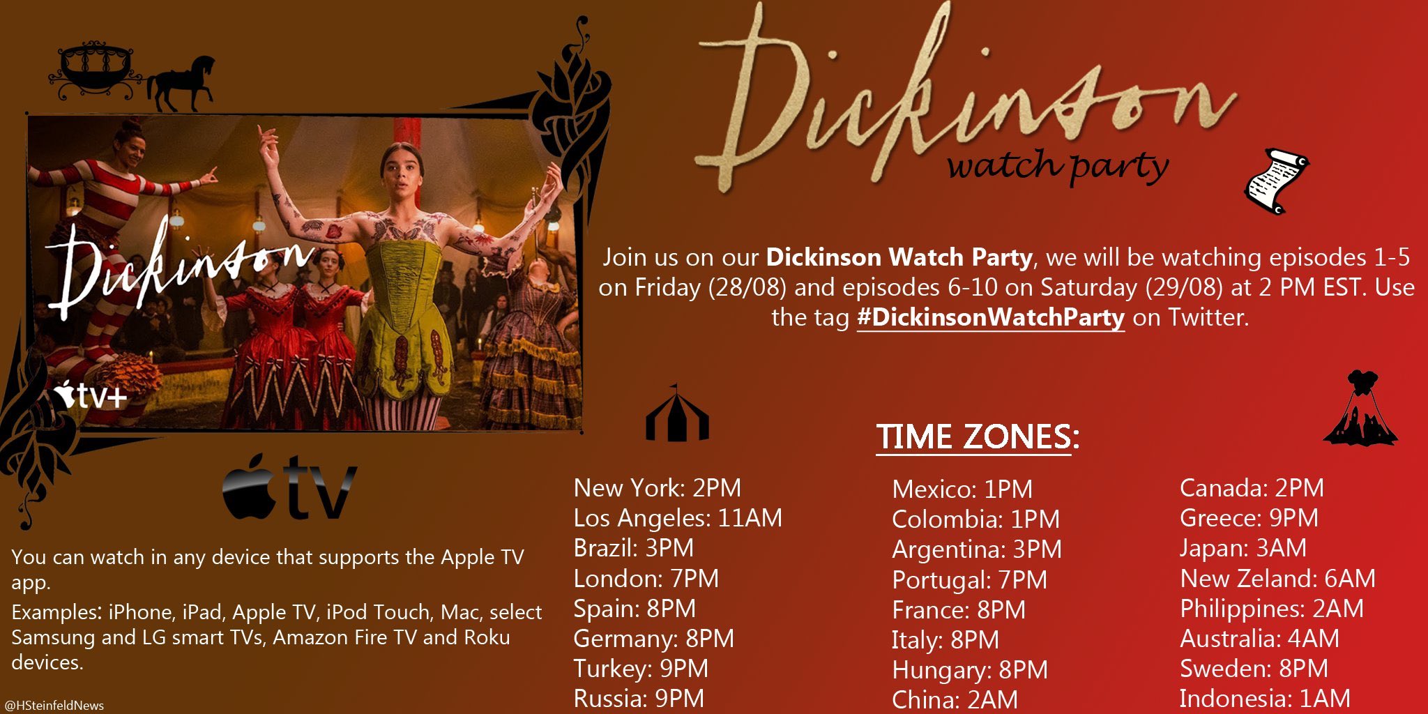Hailee Steinfeld News on Twitter: "× DICKINSON WATCH PARTY × » Join on our watch party tomorrow as we continue to watch episodes 1x06 – 1x10 at 2PM EST! Use the