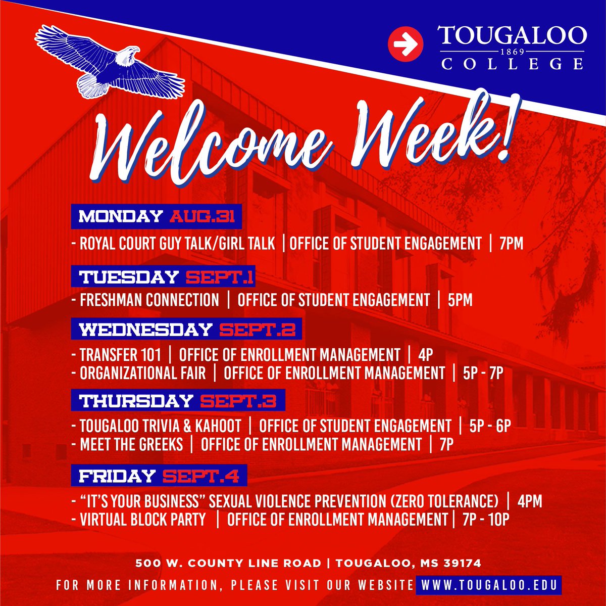 tcrecruitment__'s tweet photo. π Attention STUDENTS,
We are excited to announce the 2020 Welcome Week activities!π¦
πβ€οΈ You are going to love being part of the virtual 2020 Welcome Week. You are entering a new phase of life and we want to help you succeed in every way we can! #TCWelcomeWeek https://t.co/8T0P0qZyft