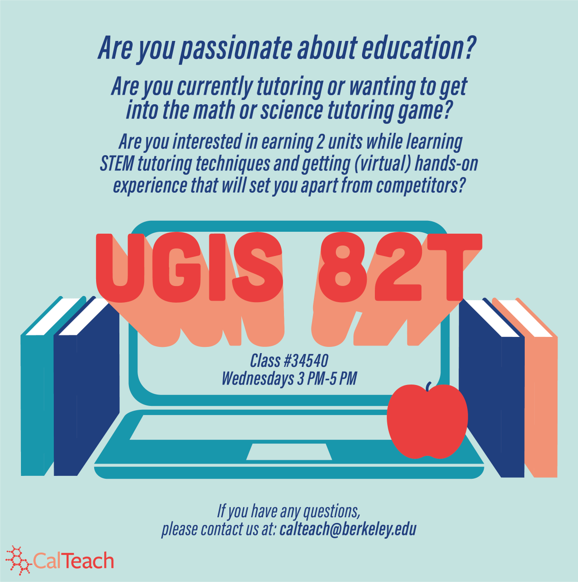 CalTeachUCB's tweet photo. ‼️New class alert‼️
Check out UGIS 82T, a great way to gain tutoring experience and set yourself apart in the tutoring business, all while earning units! https://t.co/3qQQJHWBUJ