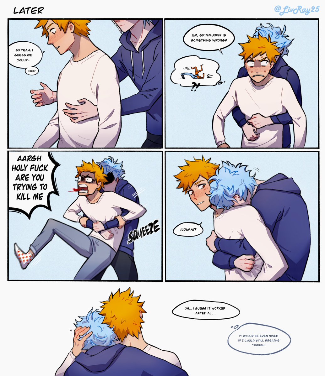 for @murderlight ❤️
ichigo is on a noble mission to cure grimmjow's touch starvation
(bonus undercut!)
#bleach #grimmichi 