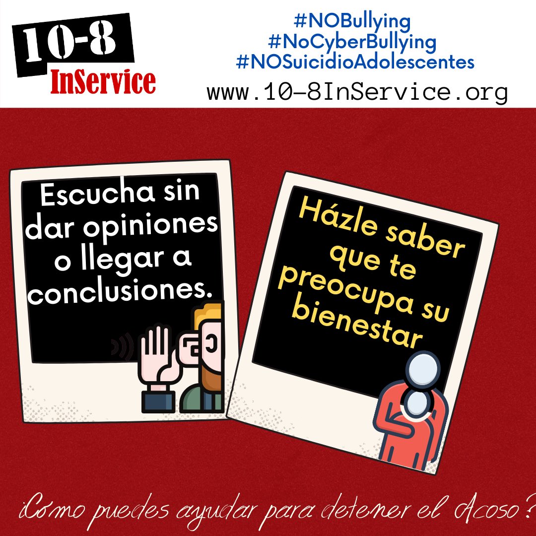 10_8InService's tweet image. Consejos: ¿Cómo puedes ayudar para detener el Acoso (“bullying”)?
#NOBullying #NoCyberBullying #NOSuicidioAdolescentes
10-8InService.org