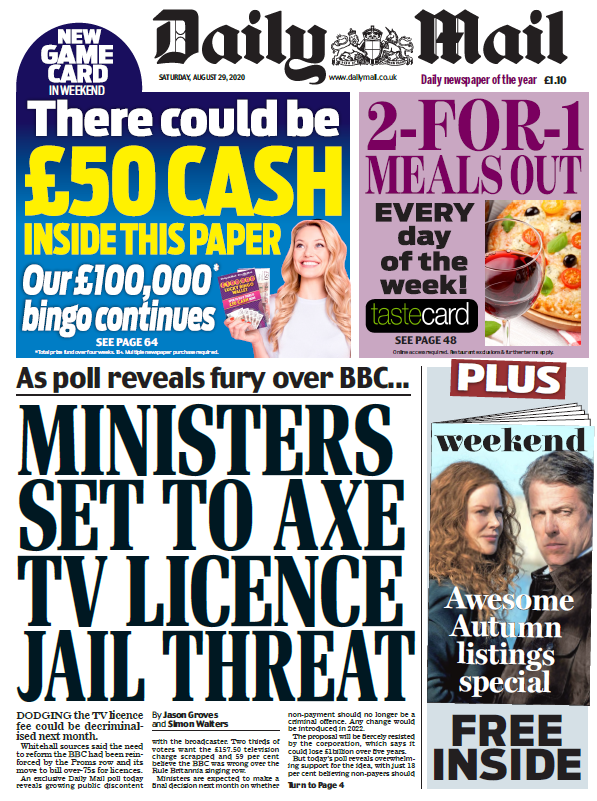 BBCNews's tweet image. Saturday’s Mail: “Ministers set to axe TV licence jail threat”
#BBCPapers #TomorrowsPapersToday