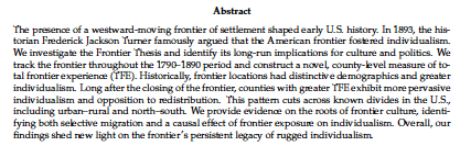 In previous work, we show that historical frontier experience across U.S. counties explains the long-run prevalence of rugged individualism—a distinctive combination of individualism and opposition to government intervention. [2/8]Full paper:  https://tinyurl.com/yy9gx9lo 