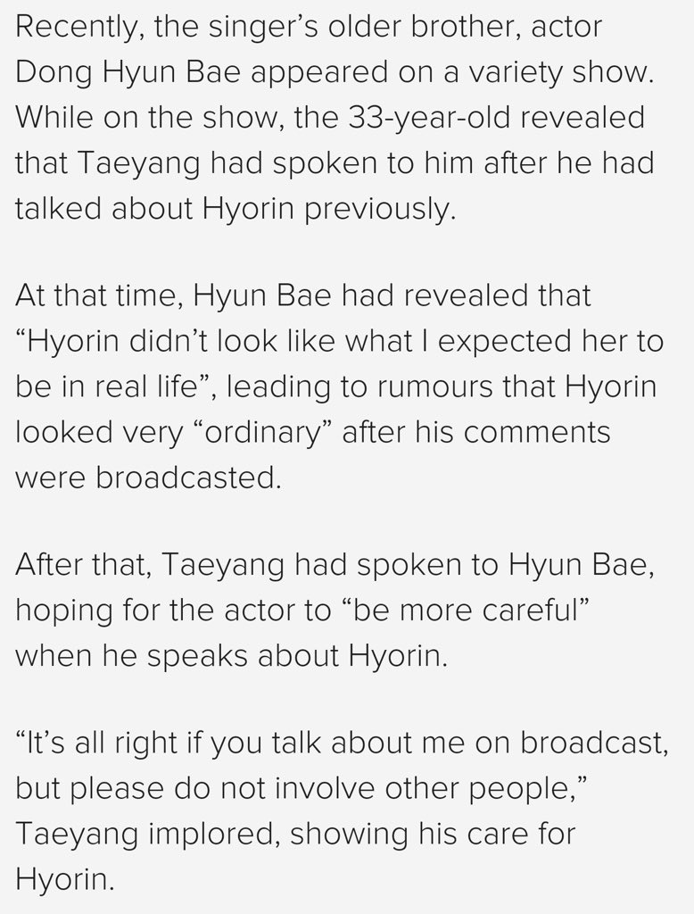 Hyorin had opened up before about her appearance and her struggles. YB was quick to make sure she wouldn’t experience any unnecessary (even unintentional) pain from him (This belongs more in my other thread about YB to Hyorin, but oh well )