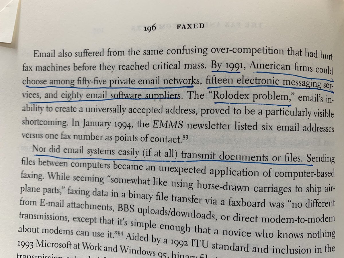 Then as email emerges, it’s wild that their are hybrid “fax over internet” technologies that emerge, and also wild how the development of MIME, PDF, and solutions to the email “roledex” problem all play a role in getting to the point where it makes sense to move away from fax