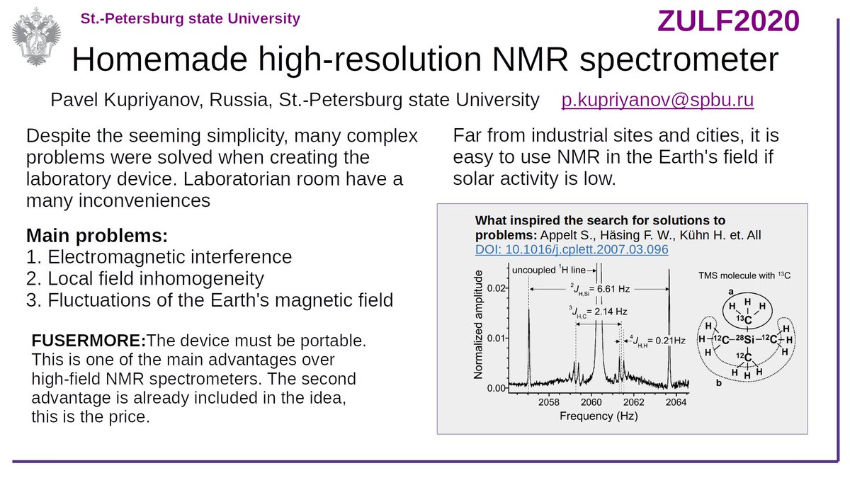 scleroze's tweet photo. Happy to present my work on implementing hight-resolution spectroscopy in Earth field  into @ZULFNMR   setups at #ZULF2020 conference! https://t.co/A7UKFz7AKn