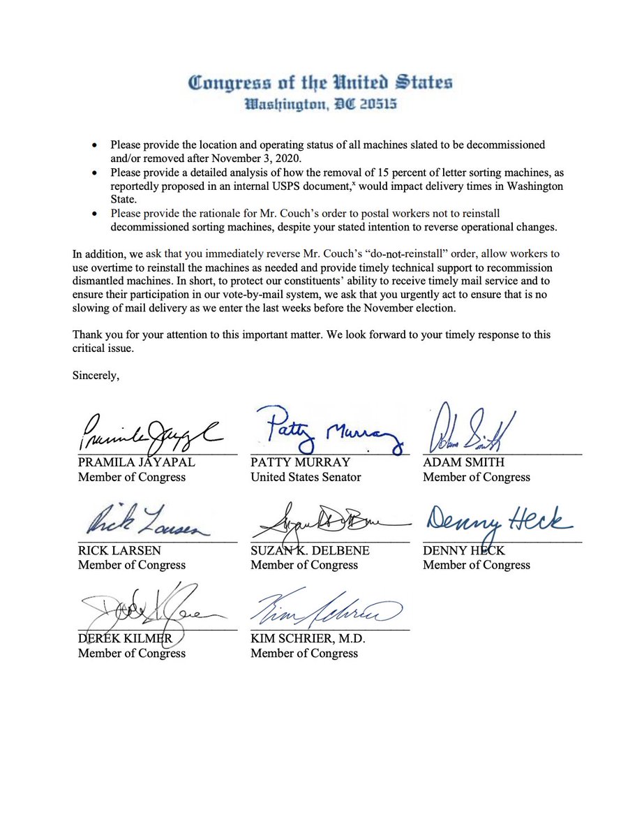 RepJayapal's tweet photo. Eight members of our Washington Congressional delegation are demanding that Louis DeJoy immediately reinstall the USPS sorting machines that have been removed from postal facilities across our state and throughout this country.

RT if you're with us. https://t.co/PpEJORX7nV