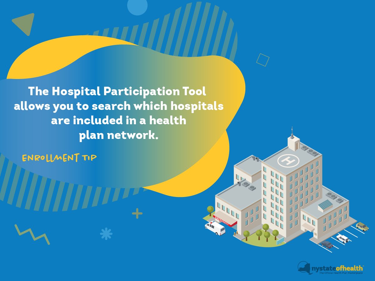 NYStateofHealth's tweet photo. Wondering which hospitals participate in your health plan network? Try our Hospital Participation Tool, which allows you to search by health plan and county to find out. Try it today! https://t.co/kxgGxDYC7C #NYSOHTips #EnrollmentTips https://t.co/ZwOvn4fPTe