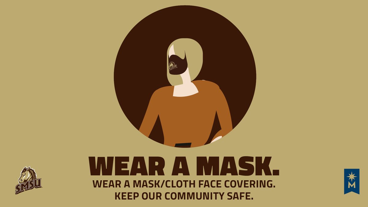 SMSUToday's tweet photo. Stay safe this weekend and help keep Mustangs running by wearing a mask. #MustangsMaskUp https://t.co/IrMc7Wd5VX