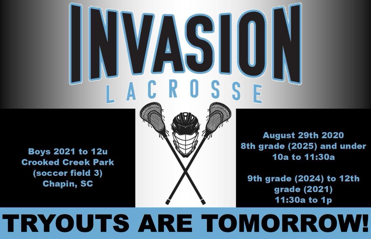 InvasionLAX's tweet photo. Invasion Lacrosse tryouts are tomorrow!  Boys 2021 to 12u.
If you’re interested and cannot make it please still register for team placement.
https://t.co/5GZdYocMRq https://t.co/YSsVJBxzEw