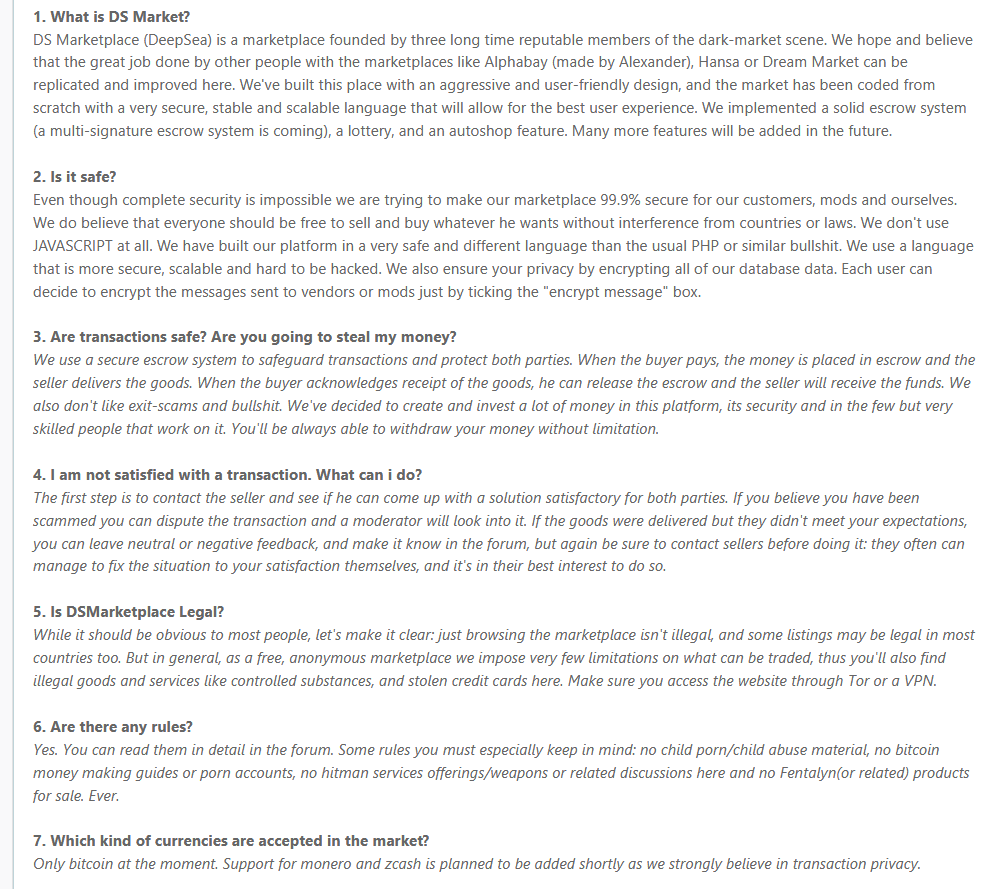 DeepSea Market has grown very quickly since launching in 2020. They emphasize that the market is custom and not written in PHP. DeepSea has around 7000 listings, accepts Bitcoin. Support for Monero and ZCash is being worked on.