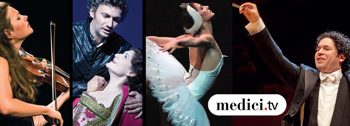 four photos side by side of a violinist, opera singers, a ballet dancer and a conductor