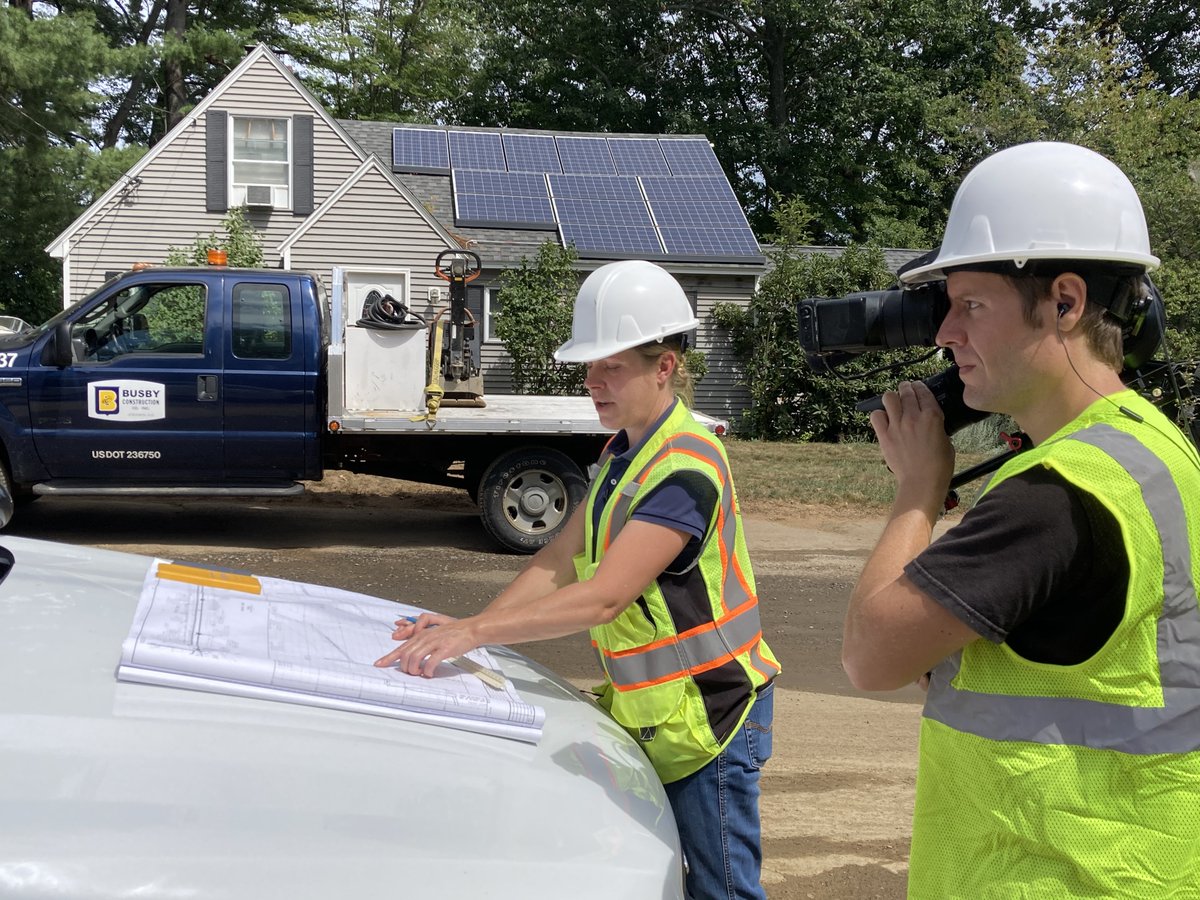 IBuildNH's tweet photo. A great day with Krista Larsen from the city of Laconia and Busby construction filming our next  @NHPublicTV video - setting a trench box and a lesson on plan reading and slopes.  #NAWIC #IBuildNH #ABCNHVT https://t.co/fOBSTOaZiW
