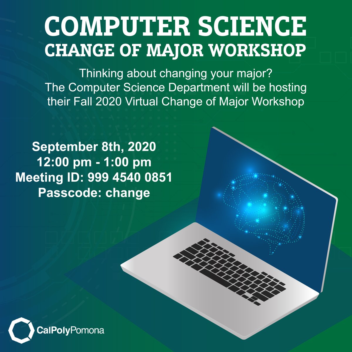 CPPComputerSci's tweet image. Good afternoon Broncos! If you are thinking of changing your major to Computer Science, you must attend our Fall Virtual Change of Major workshop. Please send us an email if you have any questions at cs@cpp.edu. #cpp #computerscience #changeofmajor