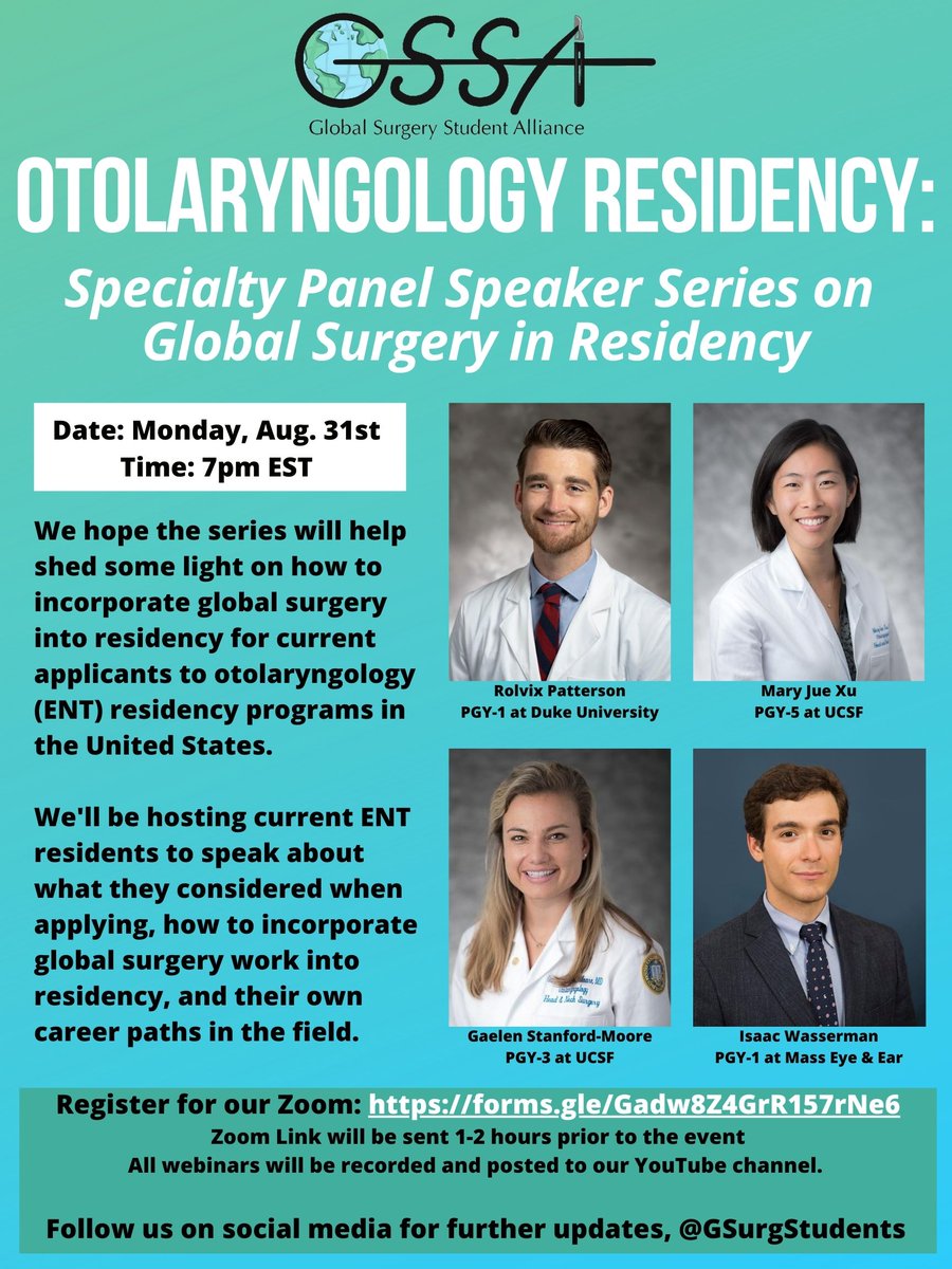 Want to learn more about ENT and how it fits with your passion for #GlobalSurgery? Join us for the FIRST panel in our new "Applying to Residency" series, featuring ENT residents to help you navigate your own path! Zoom on Mon. Aug 31 at 7pm EST. Register: forms.gle/Gadw8Z4GrR157r…
