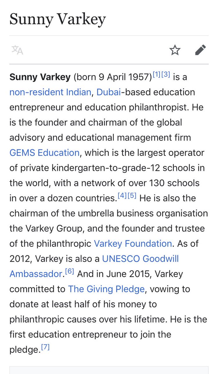 103/ SUNNY VARKEYEntrepreneur&Founder and Chairman for GEMS - a Private Education Firm K-12 throughout the Middle EastGEMS NEEDS ITS OWN DIG - HQS IN DUBAIcc:  @Mareq16  @SnarkishDanno  @DamonRiddle3