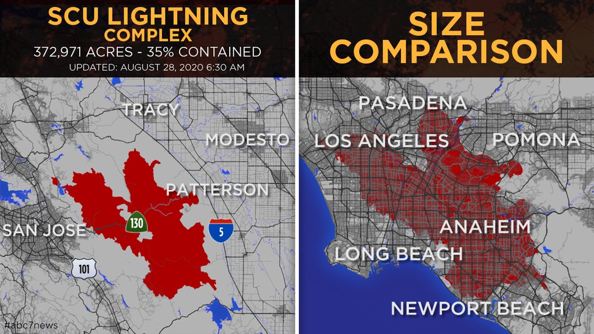 abc7newsbayarea's tweet photo. The #SCULightningComplexFire is now the second largest wildfire in California's history, surpassing the #LNULightningComplexFire -- just see how it compares to the entire city of LA. More comparisons here: https://t.co/DC6kFMIWO0 https://t.co/fgTFt5WFmx