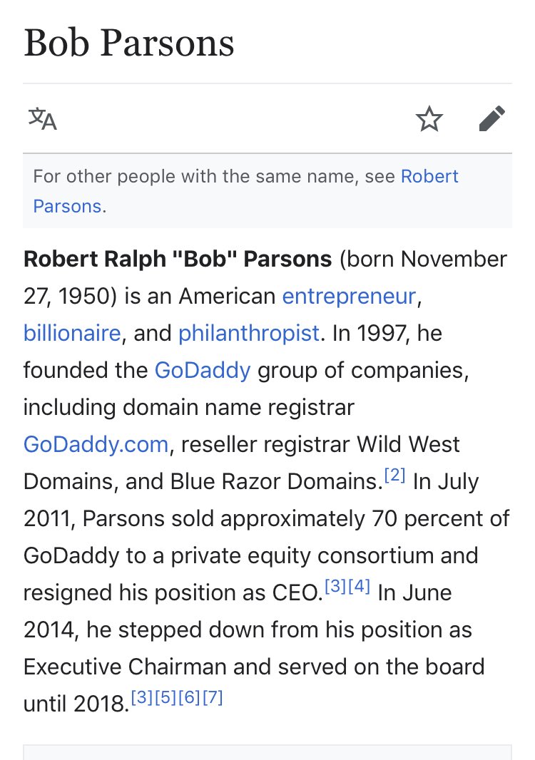 105/ BOB PARSONSFounder of GoDaddySupported Mittens; then donated $1m to Trump’s inauguration & said “I’m a deplorable” & Trump resonated with himBeen shredded by the press for hunting elephants & “sexist GoDaddy ads”Maybe more to dig into but no immediate red flags